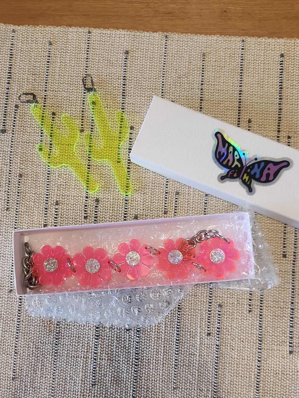 Marina Fini Pink Flower Chain Bracelet & Cactus Earrings - Women Accessories